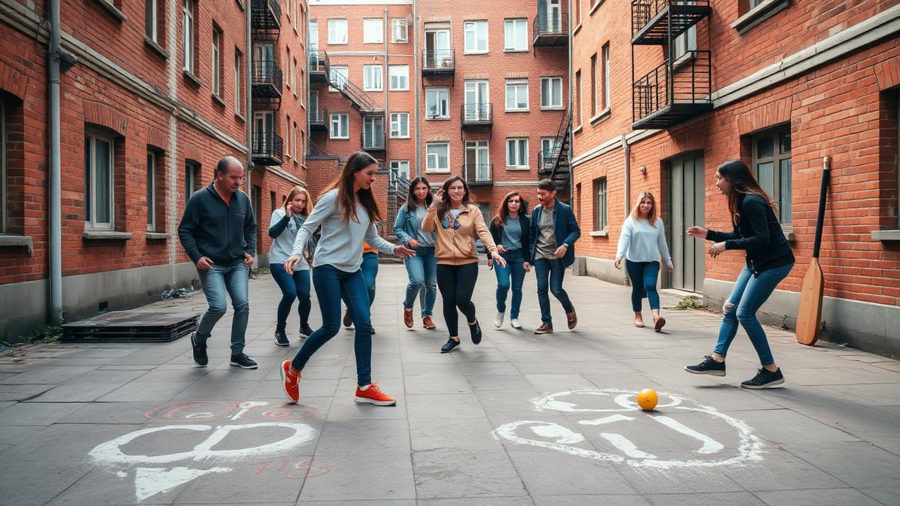 Diverse young people playing hopscotch chalked on the pavement and jumping rope together in a brick courtyard in Kraków, with a wooden palant bat leaning against the wall.