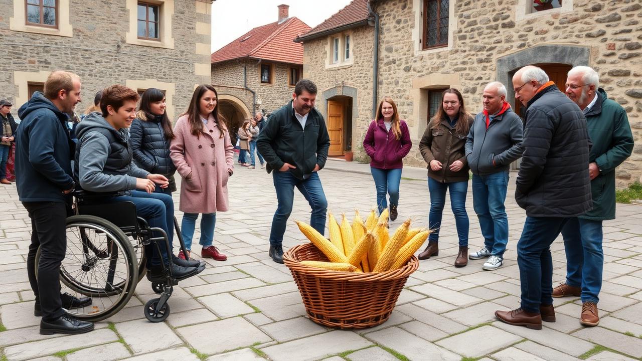 Young adults of diverse ethnicities and genders, including a wheelchair user, gathering wooden corn cobs into a wicker basket during a traditional Basque game in a village square in the Basque Country.