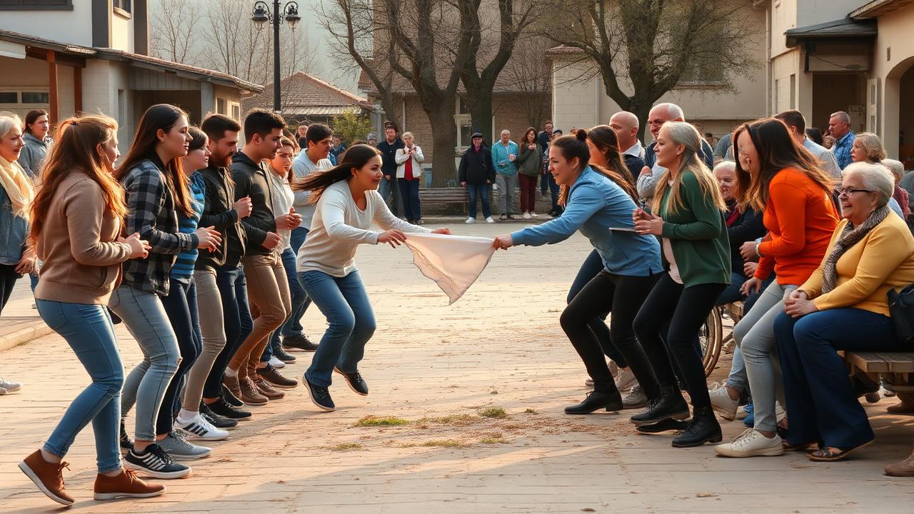 Two lines of diverse young people facing each other in a Turkish town square while one player sprints to snatch a handkerchief held by a referee, watched by seated neighbours of all ages.